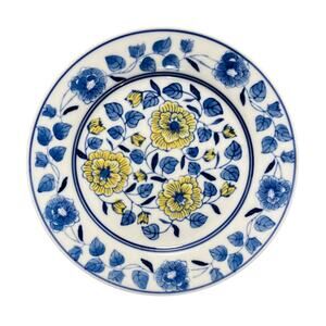 Hand Painted Italian Deruta Style Majolica Plate Blue & Yellow Floral Vine 8”